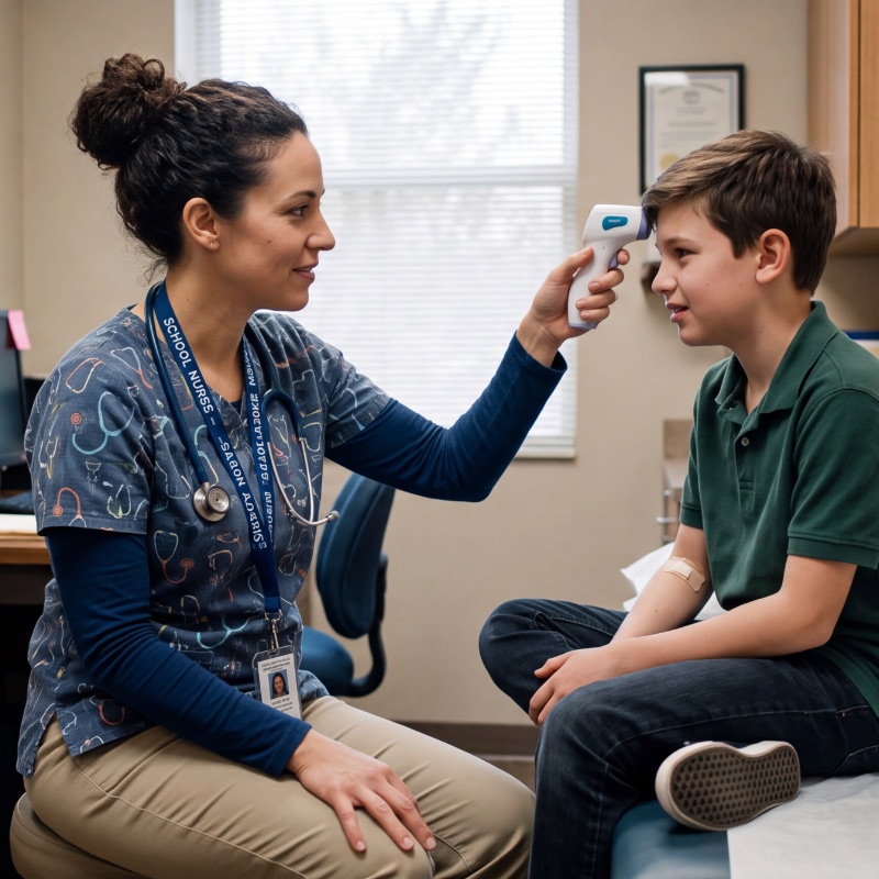 A nurse checking a student's temperature