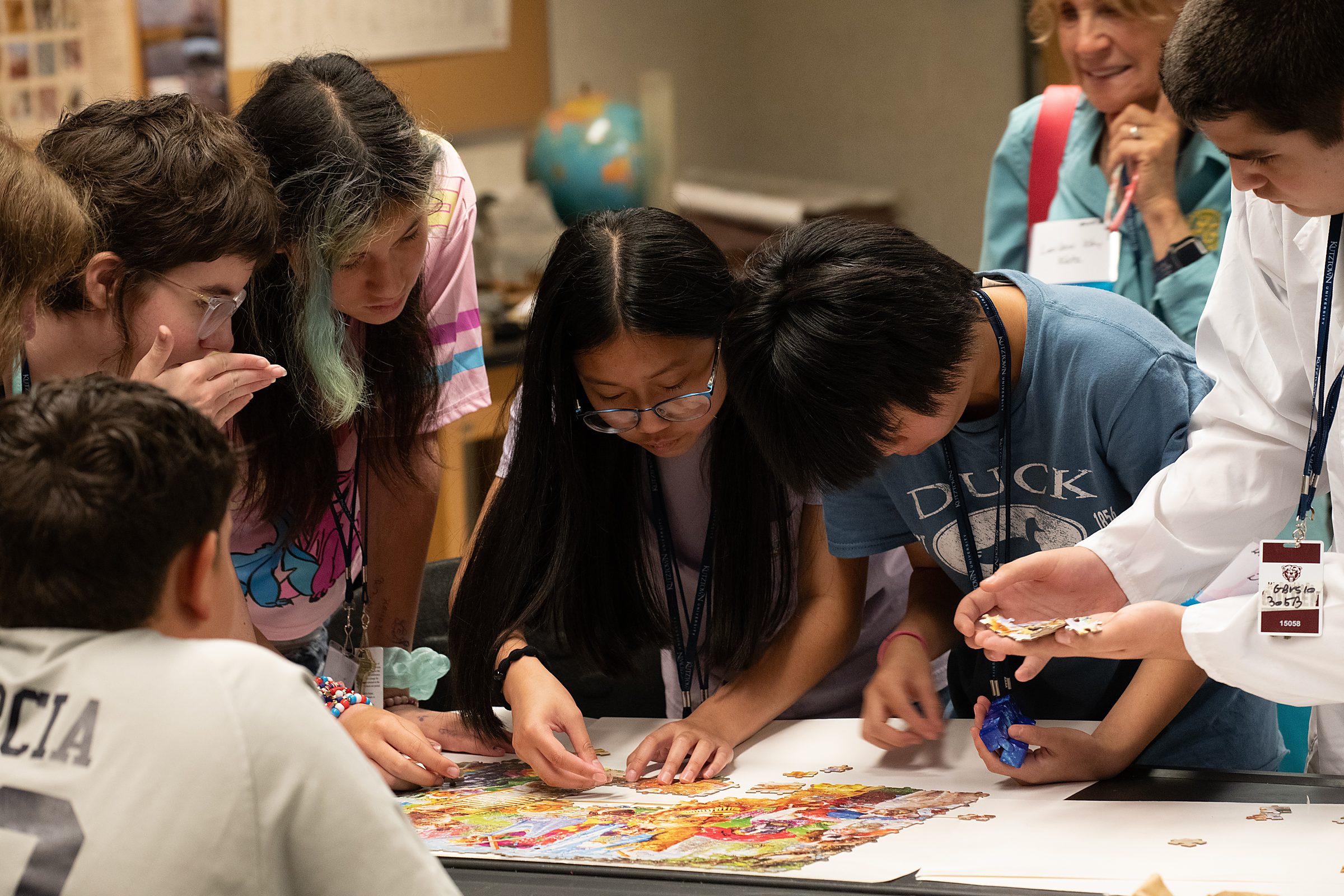 Students work in groups delivering a piece of the puzzle, then assemble in a group to work out how each group's work fits together.