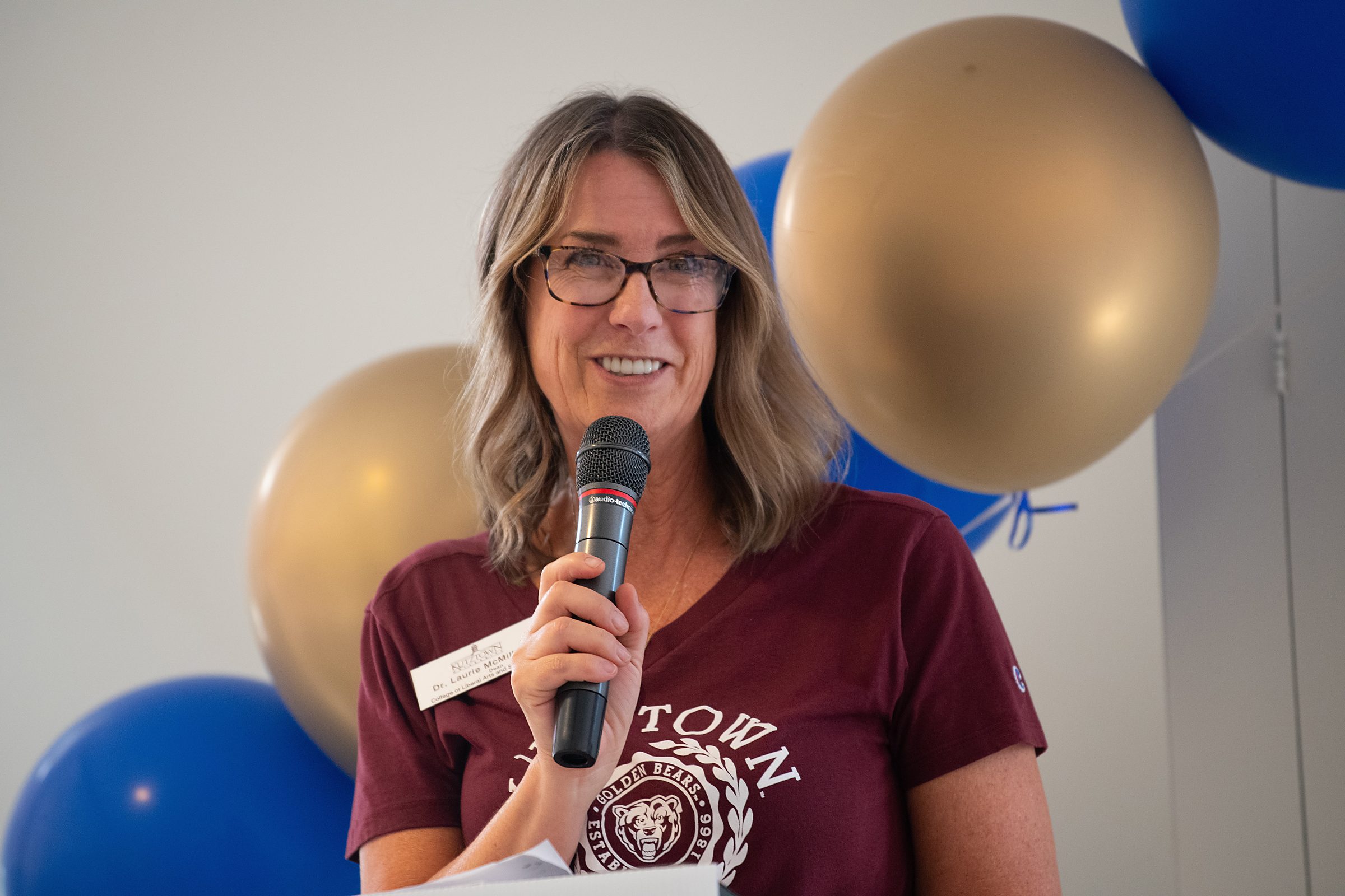 Dr. Laurie McMillan, Dean of the College of Liberal Arts and Sciences, addressed the audience about her educational journey and discussed the opportunities available at Kutztown University.
